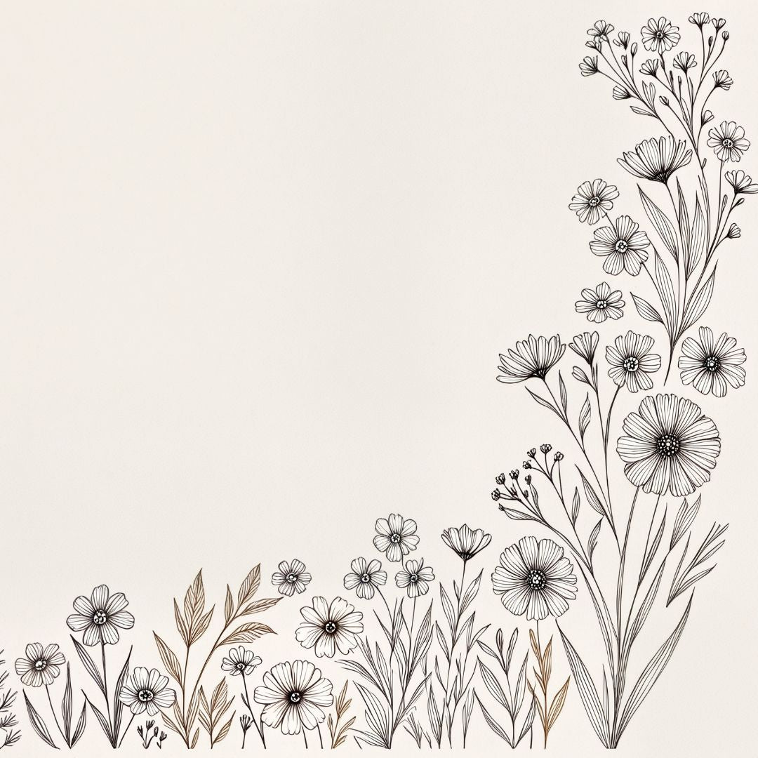 Black line art of flowers and plants on a beige background