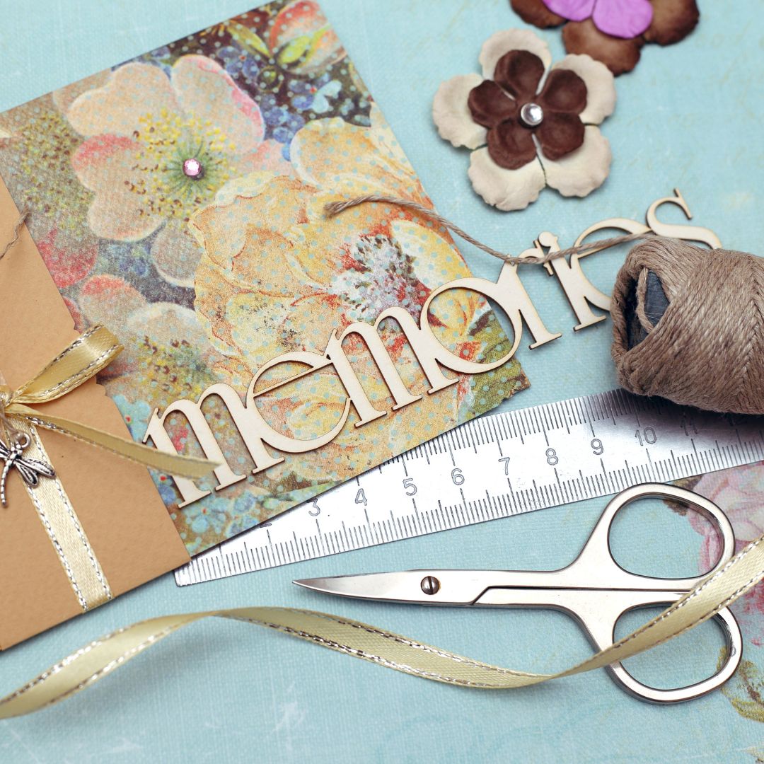 Handmade card with decorative elements on a light blue background