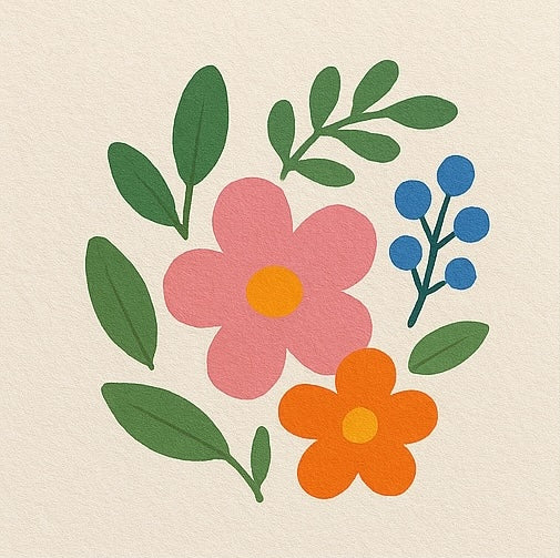 Illustration of two flowers, one pink and one orange, with green leaves on a beige background.
