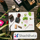 Stamps, ink pads, and a decorated notebook on a textured surface with Shachihata branding.