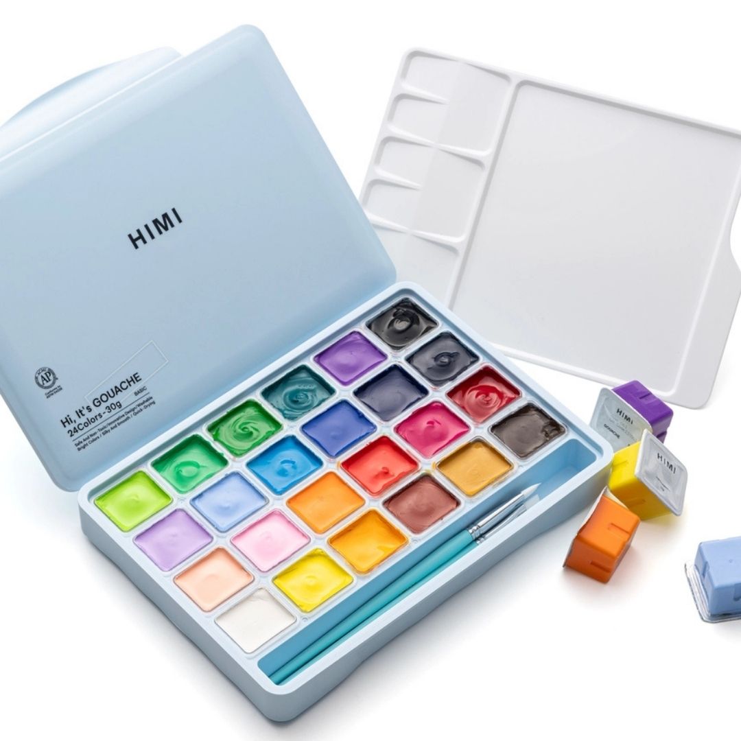 Himi Jelly Cup Gouache 24 Basic Colours Paints Set - Pink - Himi