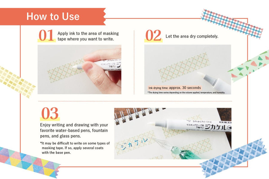 Instructions on how to use a water-based pen with masking tape, featuring text and images of the pen in action.