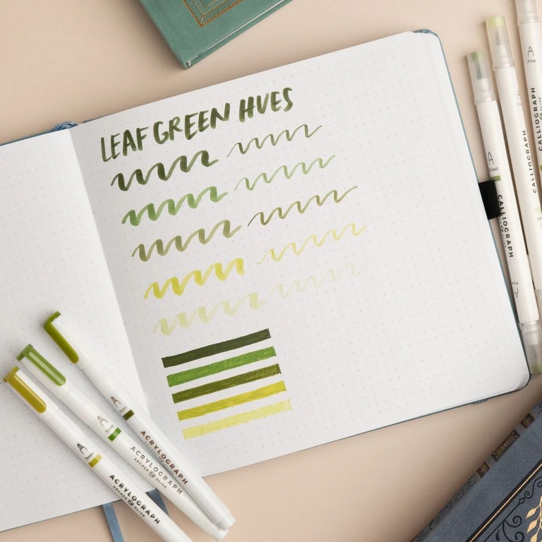 Leaf Green Hues Calliograph Pens - Set of 5 - Archer & Olive