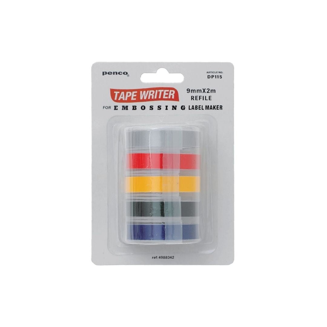 Penco Tape Writer refills packaging with red, yellow, and blue tapes on a white background