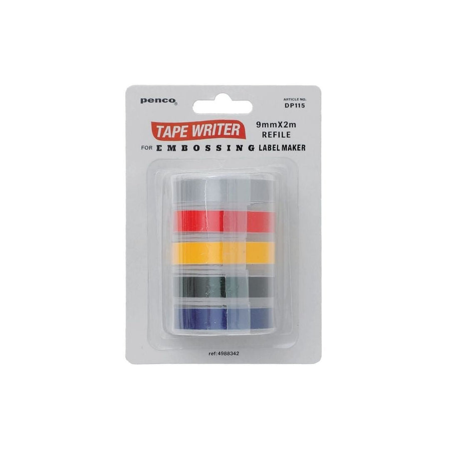 Penco Tape Writer refills packaging with red, yellow, and blue tapes on a white background