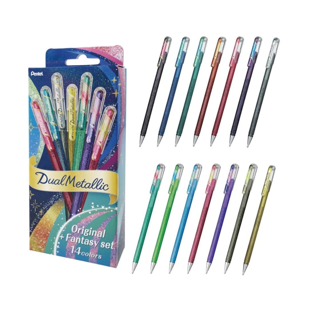 Pentel Dual Metallic Gel Pens Set of 14 Fantasy and Original Colours - Pentel