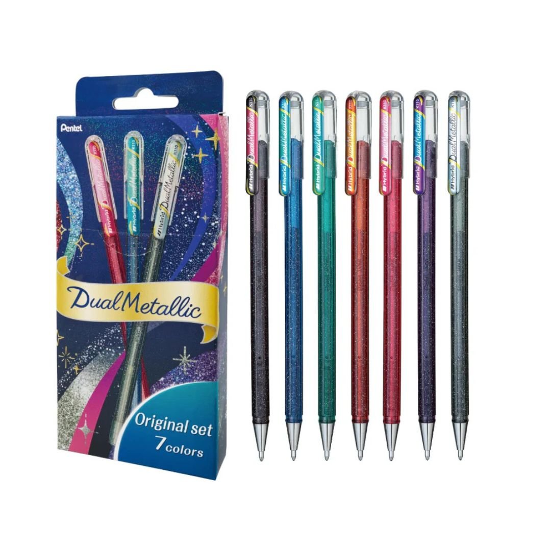 Pentel Dual Metallic Gel Pens Set of 7 Original Colours - Pentel