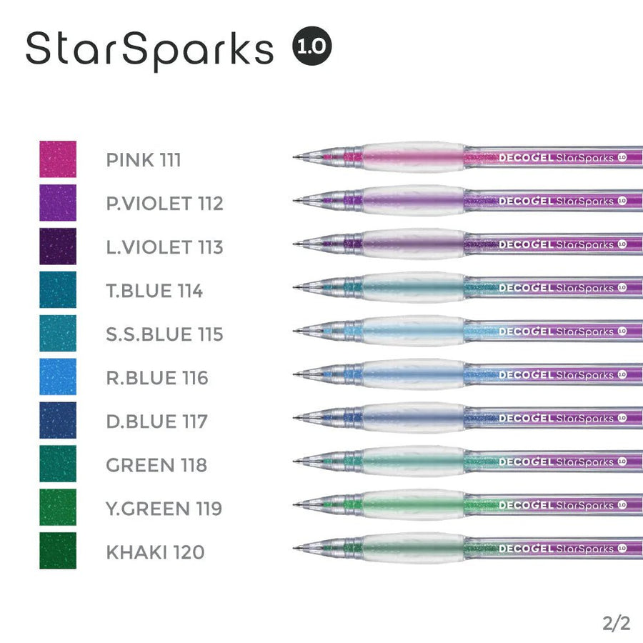 Star Sparks Decogel Karin Glitter Gel Pens- Colour Swatches Pink, Blue and Green