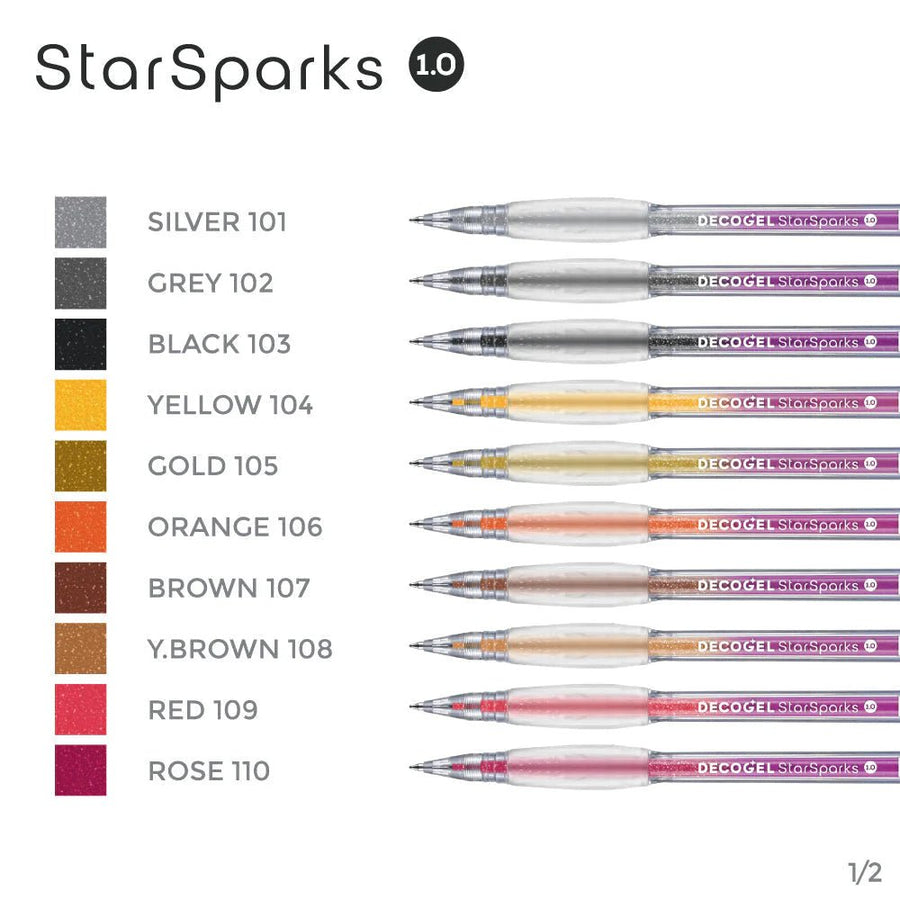 Star Sparks Decogel Karin Glitter Gel Pens Colour Swatches Grey, Black, Gold, Orange, Brown and Red