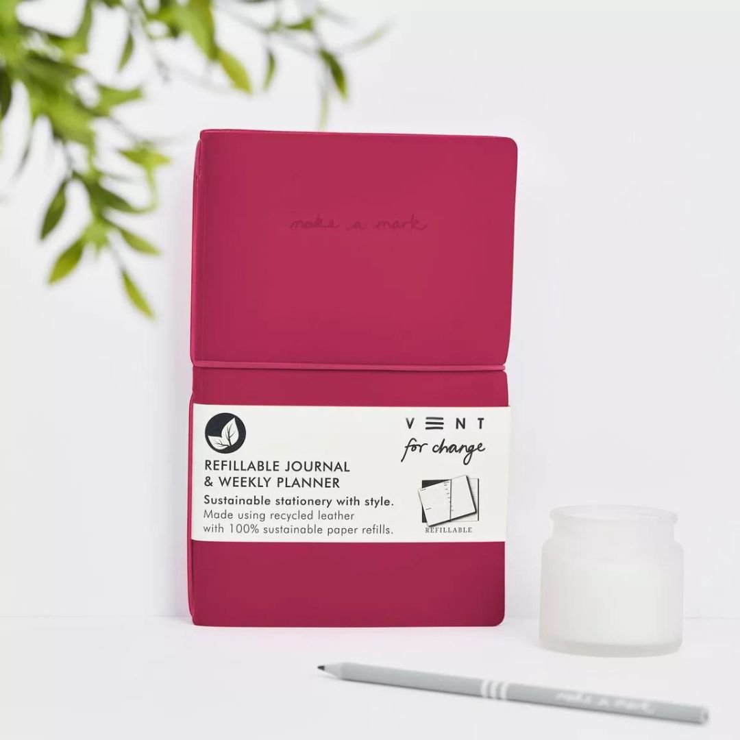 Recycled Leather Refillable Journal Pink - Vent for Change - Under the Rowan Trees